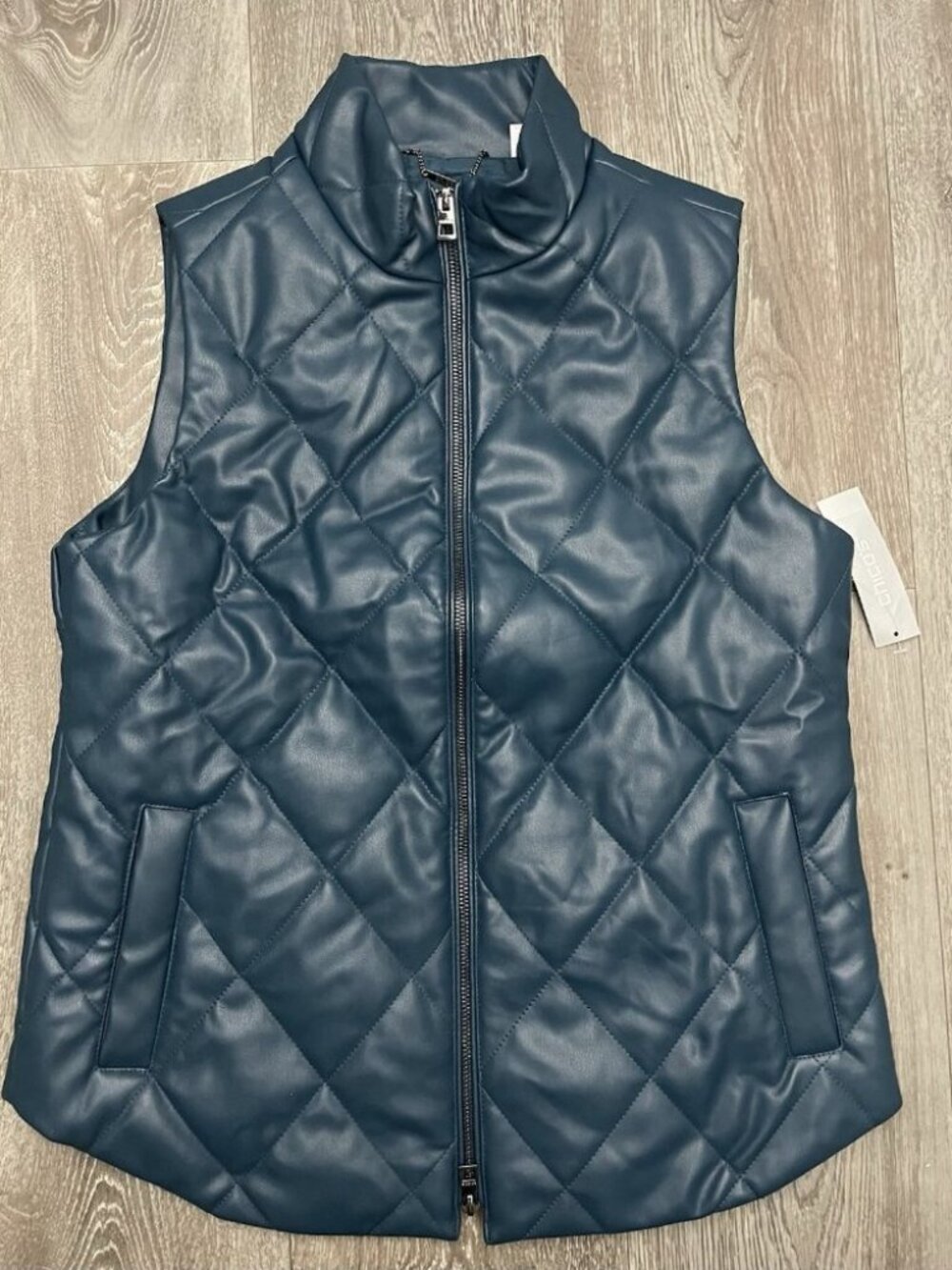 NWT Chico’s 0 Teal Faux Leather Quilted Vest - Women Size US 4 / 6